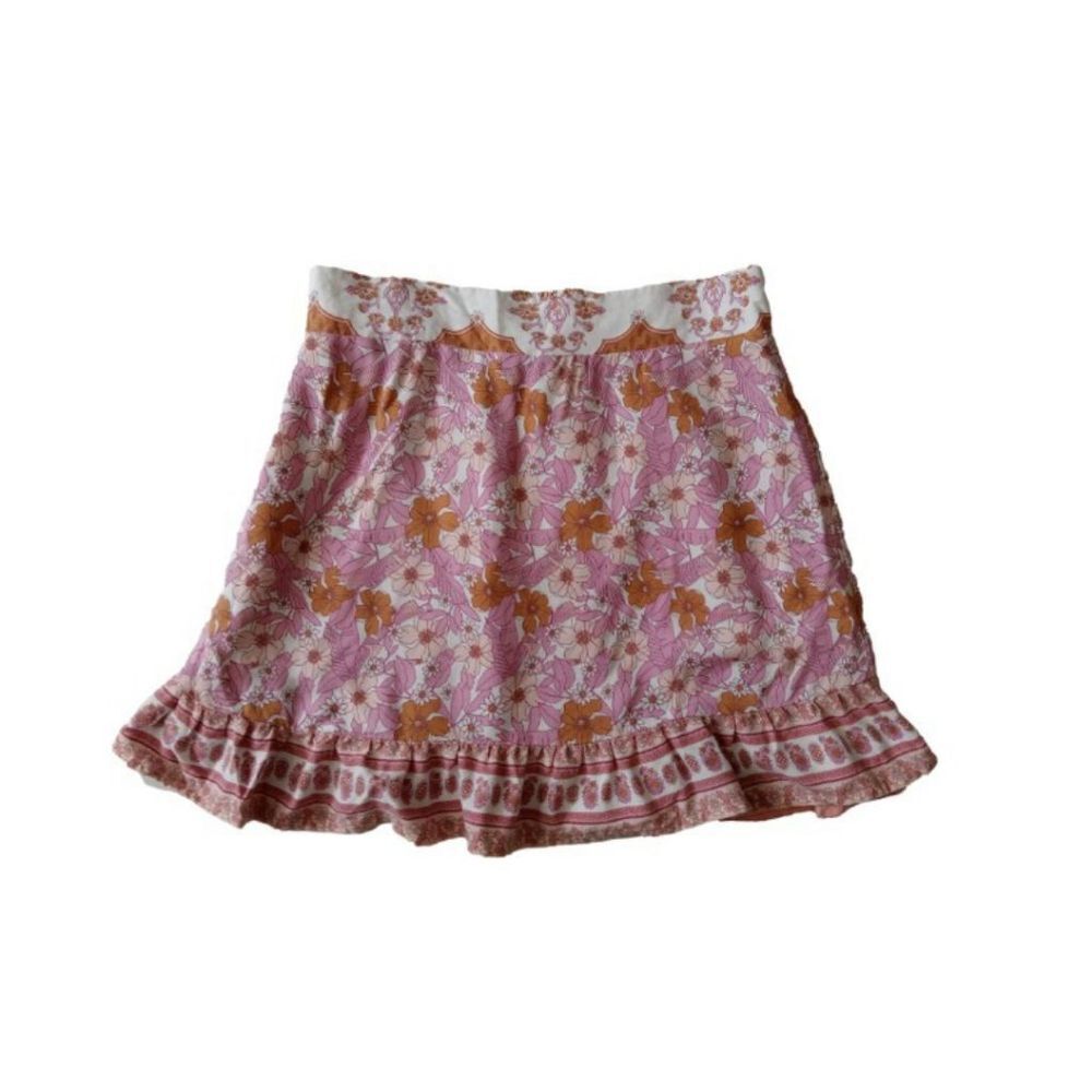 Altar'd State Pink & Orange Floral Print Ruffled Mini Length Skirt Women's Small